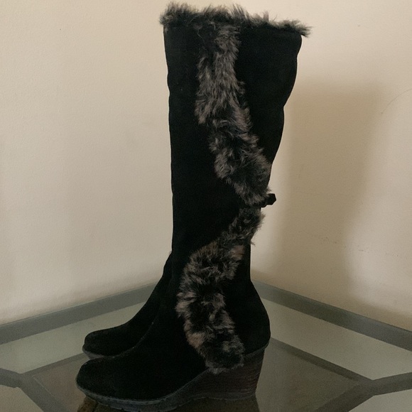 AQUATALIA by Marvin K/ ITALIAN Tall Fur Lined Suede Platform Wedge Boots - Picture 7 of 13